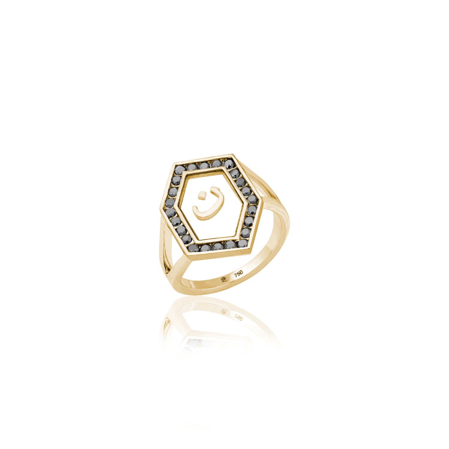 Qamoos 1.0 Letter ن Black Diamond Ring in Yellow Gold