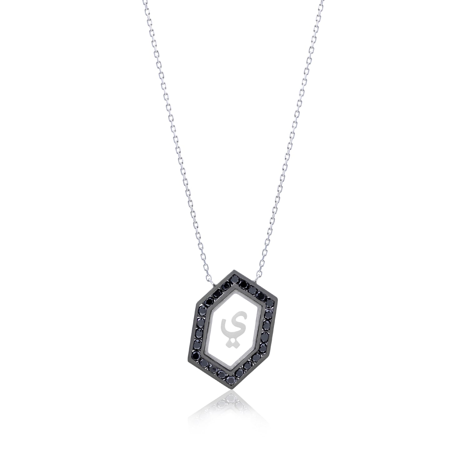Qamoos 1.0 Letter ي Black Diamond Necklace in Black Rhodium-Plated White Gold