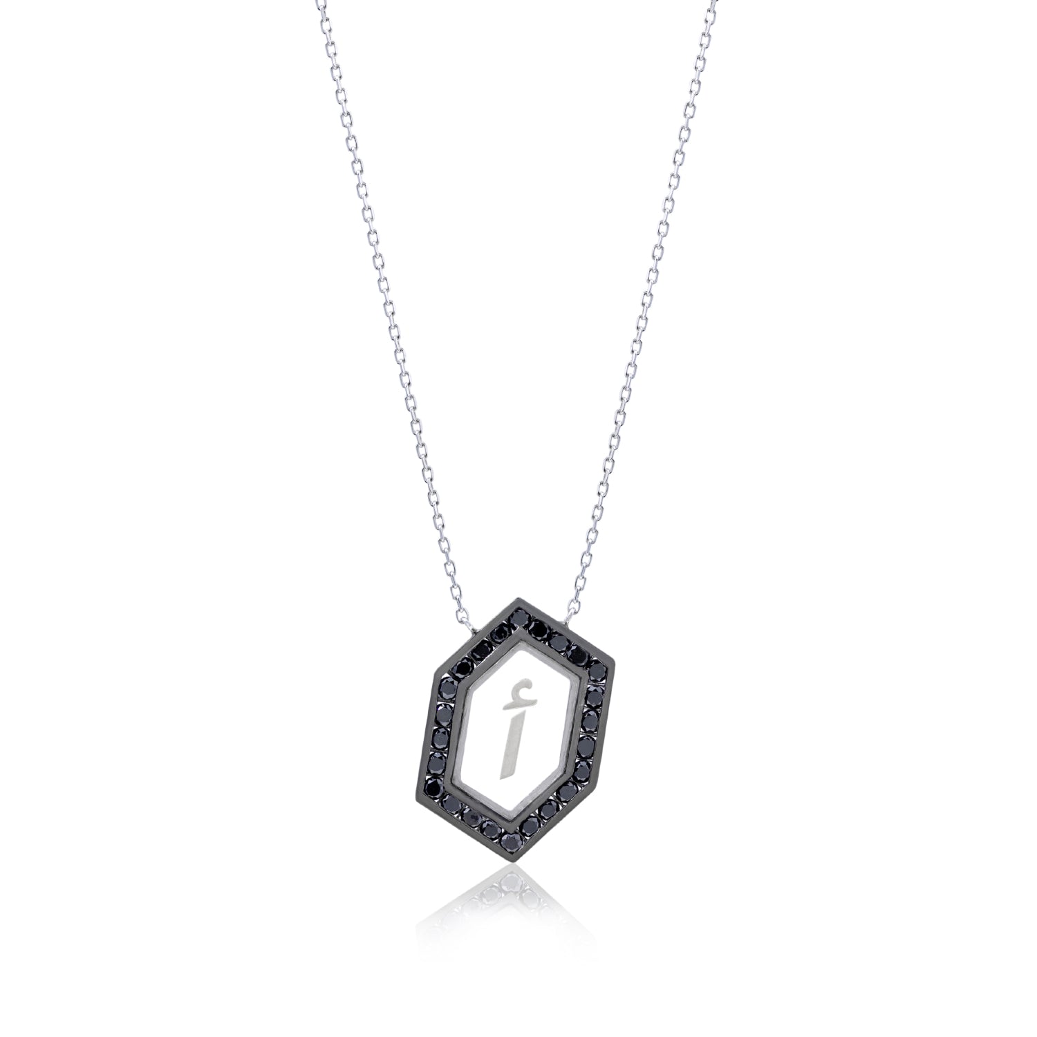 Qamoos 1.0 Letter أ Black Diamond Necklace in black Rhodium-Plated White Gold