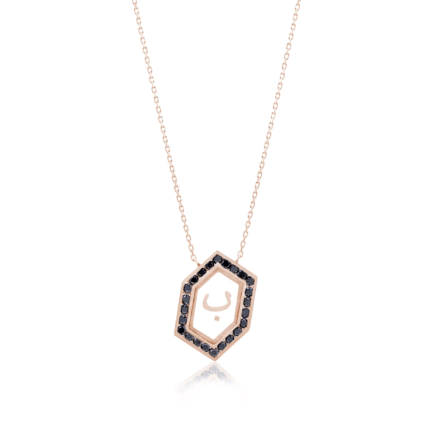 Qamoos 1.0 Letter ب Black Diamond Necklace in Rose Gold