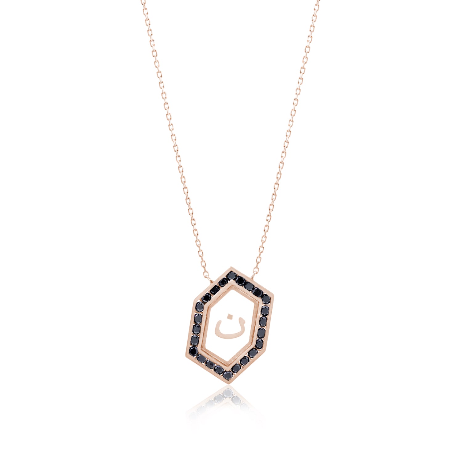 Qamoos 1.0 Letter ن Black Diamond Necklace in Rose Gold