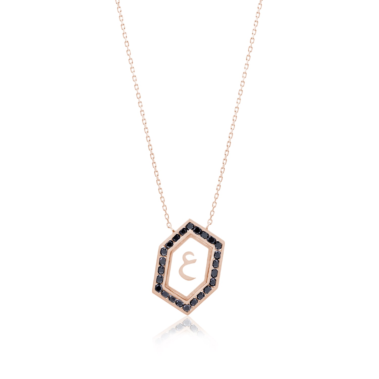 Qamoos 1.0 Letter ع Black Diamond Necklace in Rose Gold