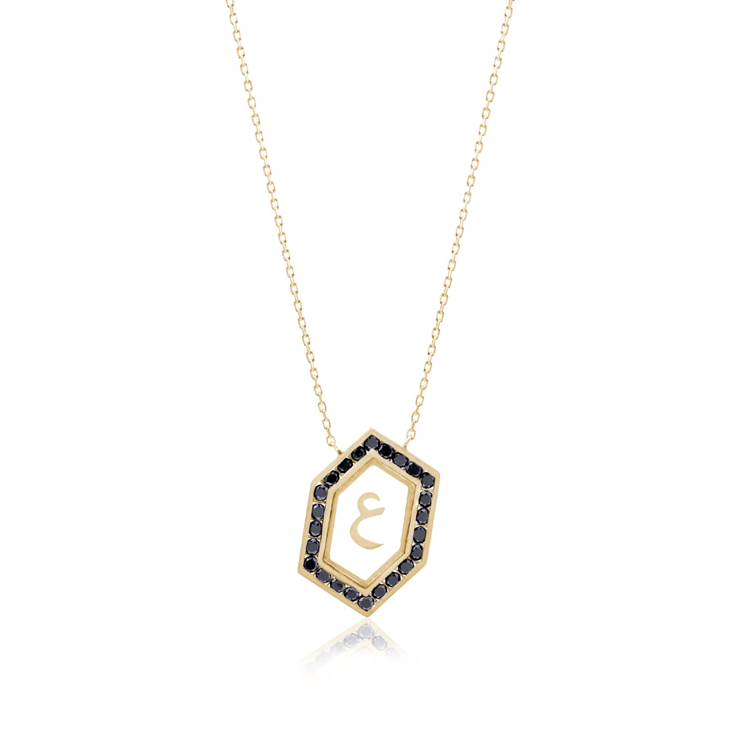 Qamoos 1.0 Letter ع Black Diamond Necklace in Yellow Gold