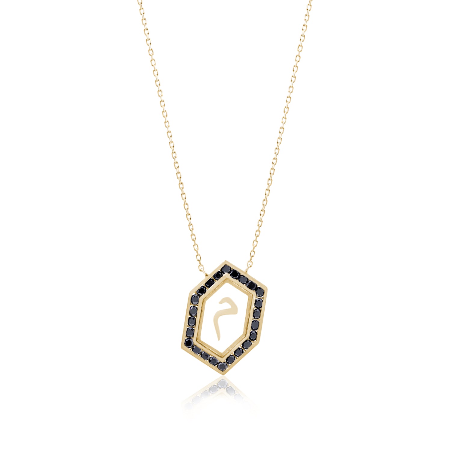 Qamoos 1.0 Letter م Black Diamond Necklace in Yellow Gold