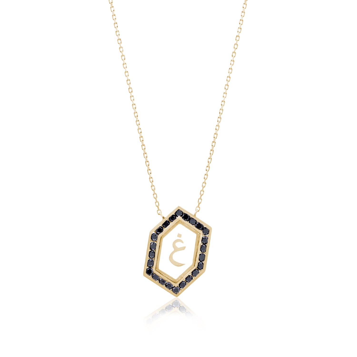 Qamoos 1.0 Letter غ Black Diamond Necklace in Yellow Gold