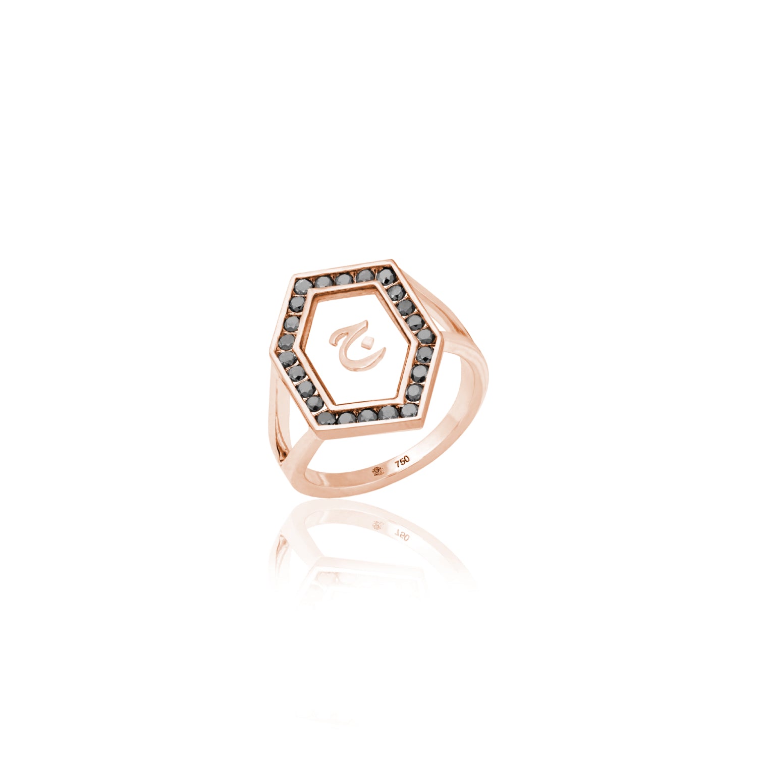 Qamoos 1.0 Letter ج Black Diamond Ring in Rose Gold