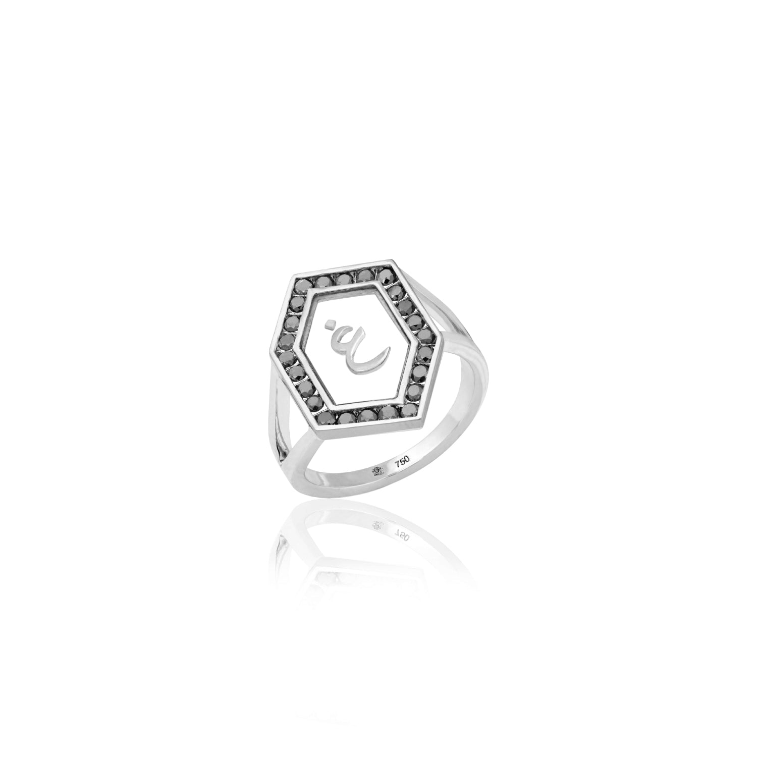 Qamoos 1.0 Letter غ Black Diamond Ring in White Gold