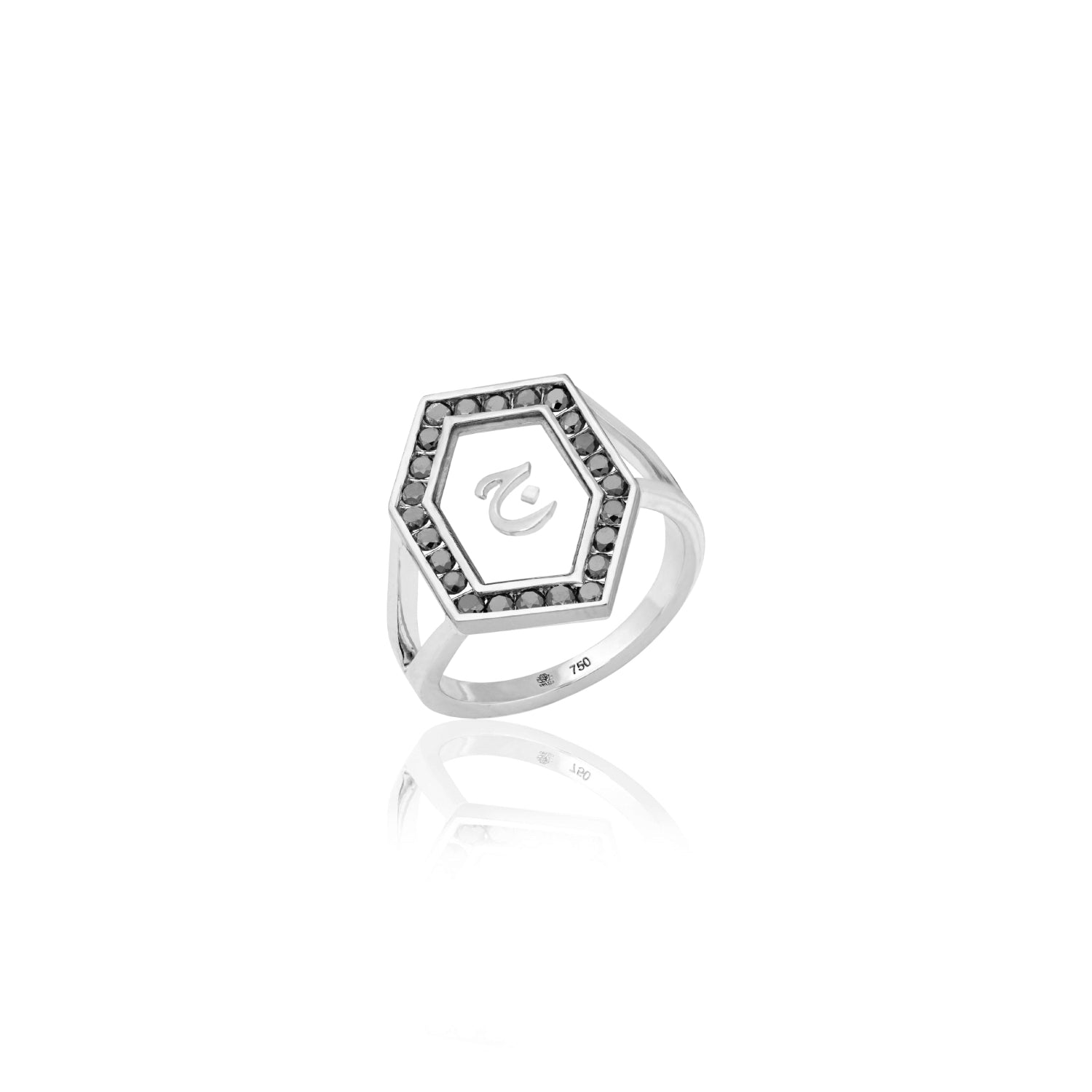 Qamoos 1.0 Letter ج Black Diamond Ring in White Gold