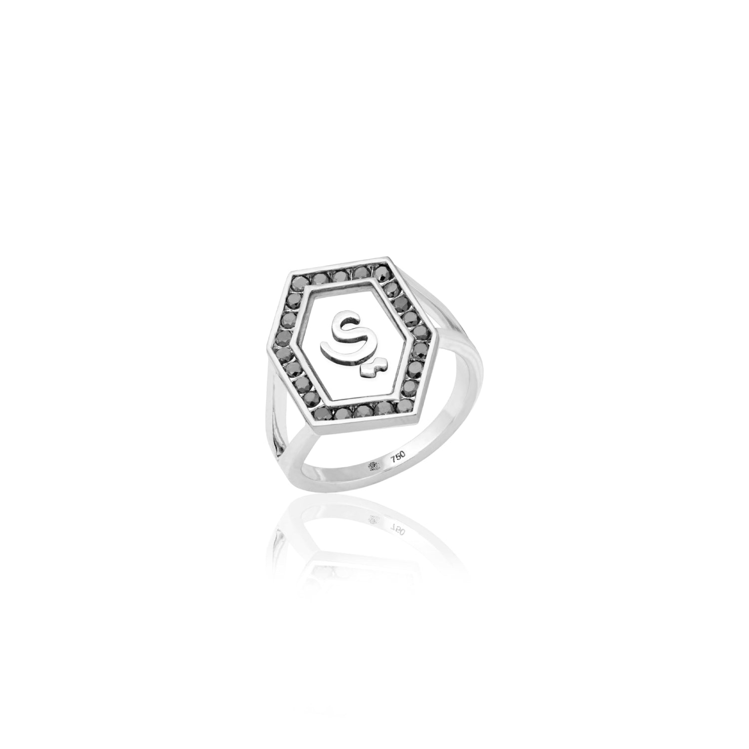 Qamoos 1.0 Letter ي Black Diamond Ring in White Gold