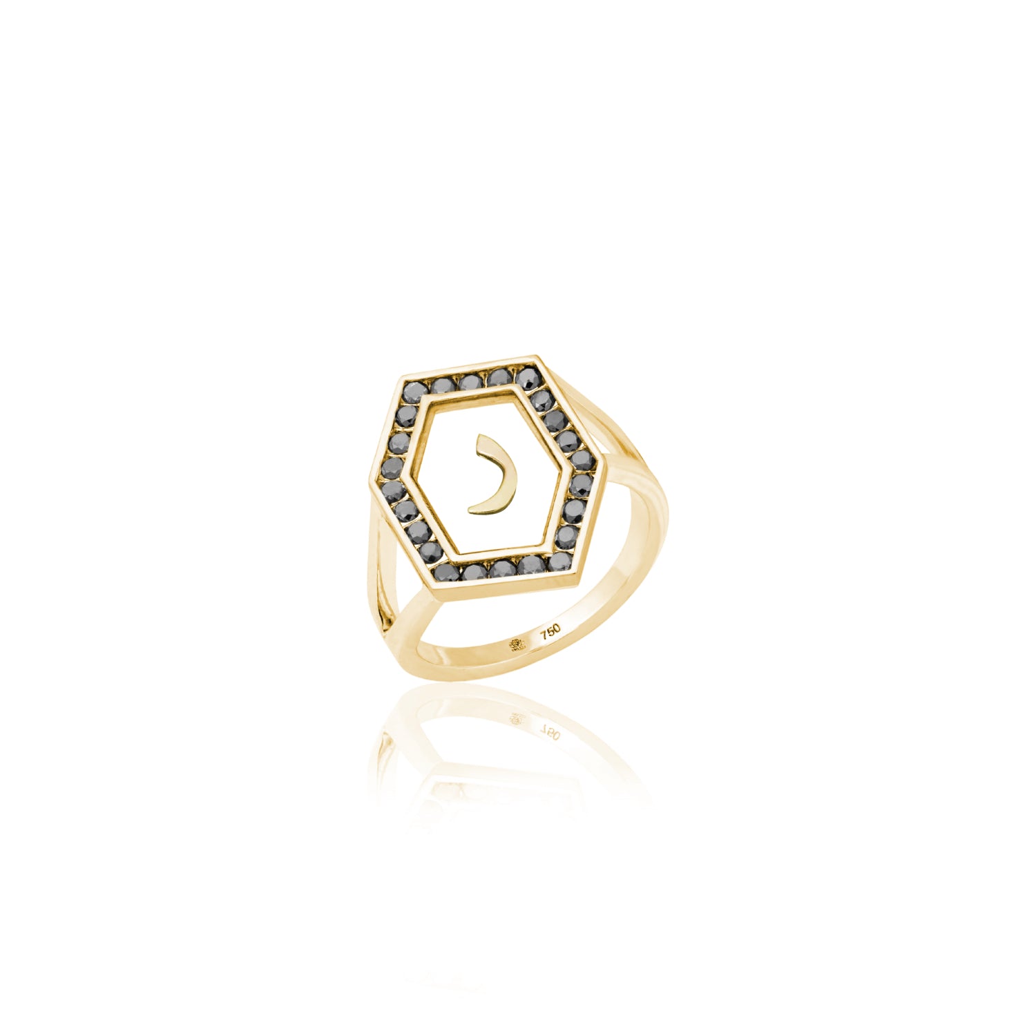 Qamoos 1.0 Letter ر Black Diamond Ring in Yellow Gold