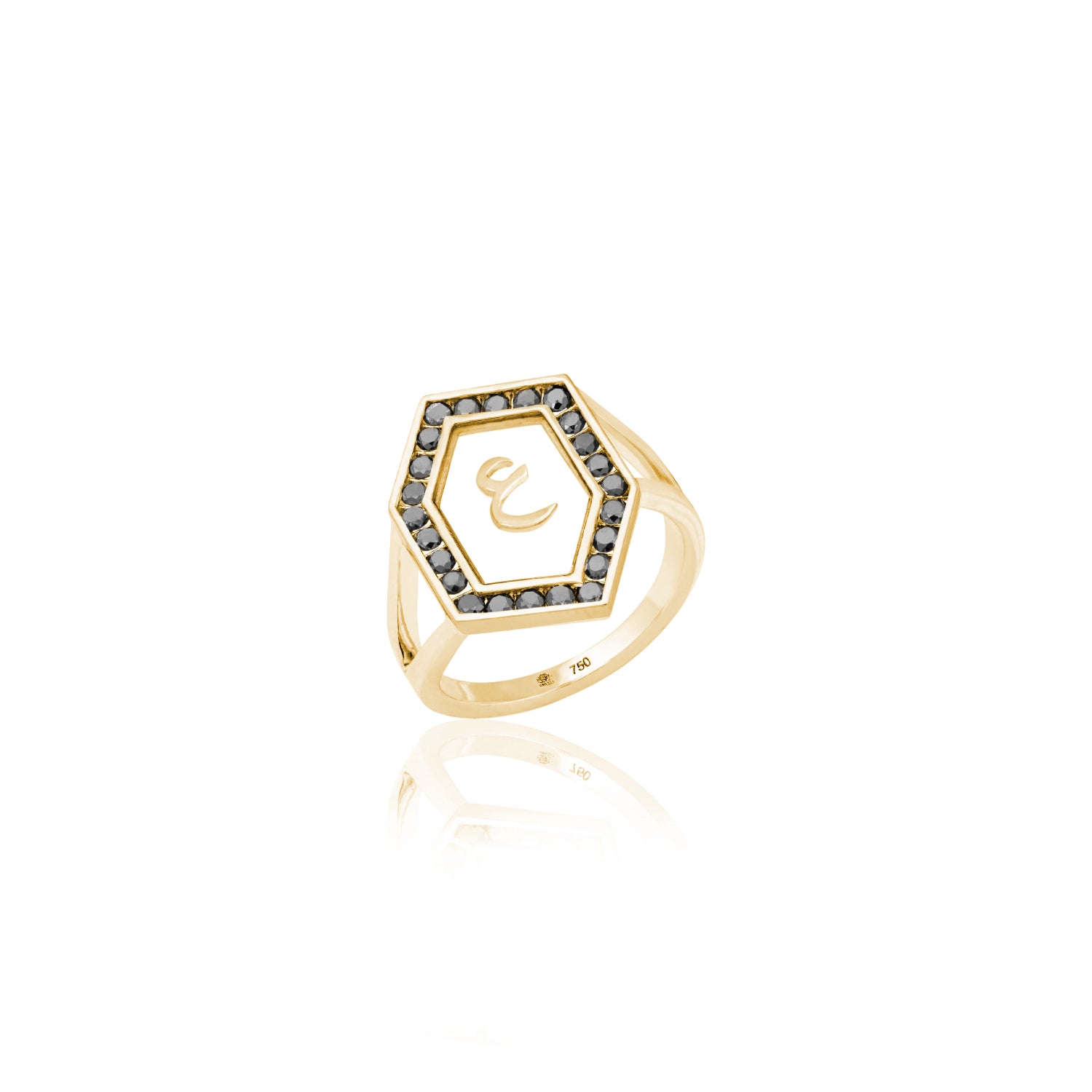 Qamoos 1.0 Letter ع Black Diamond Ring in Yellow Gold