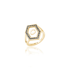 Qamoos 1.0 Letter ت Black Diamond Ring in Yellow Gold
