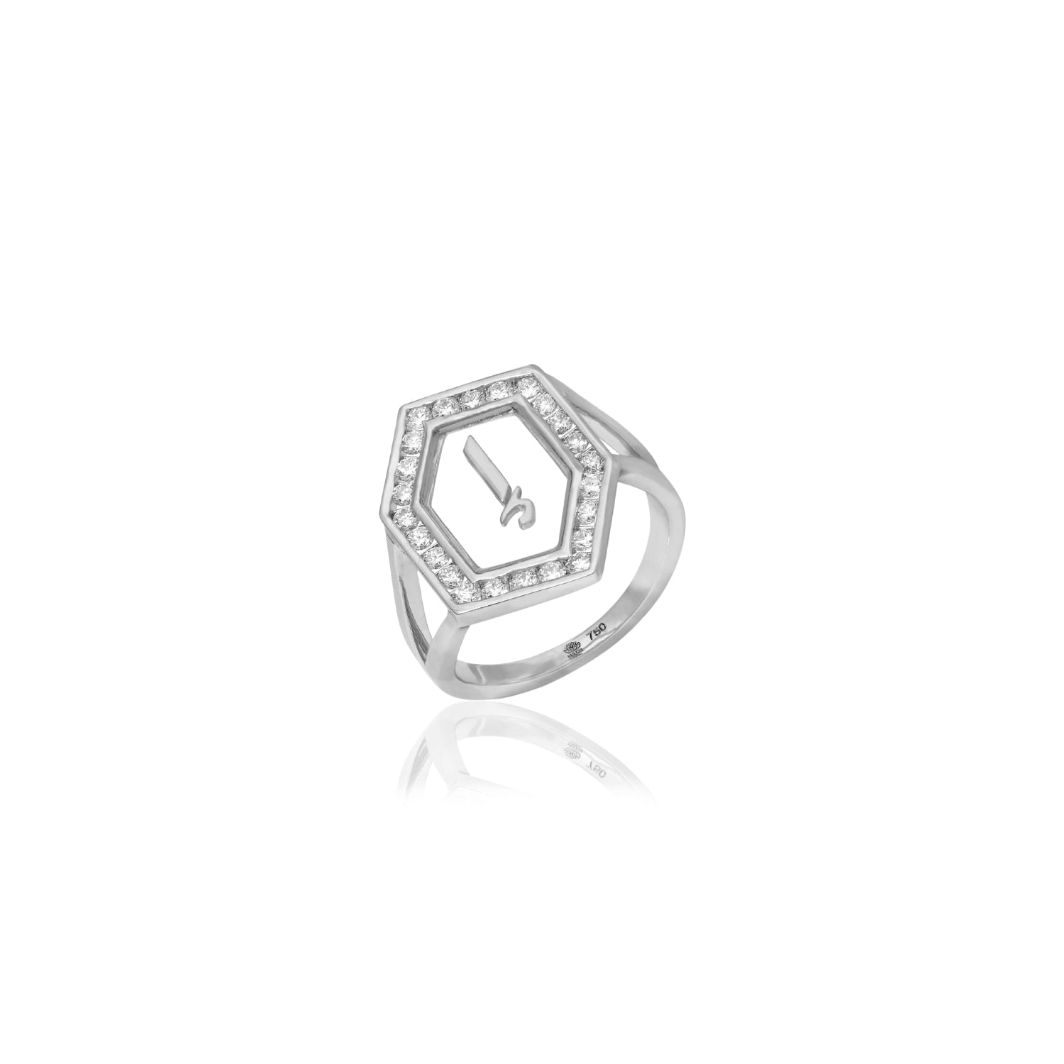 Qamoos 1.0 Letter إ Diamond Ring in White Gold