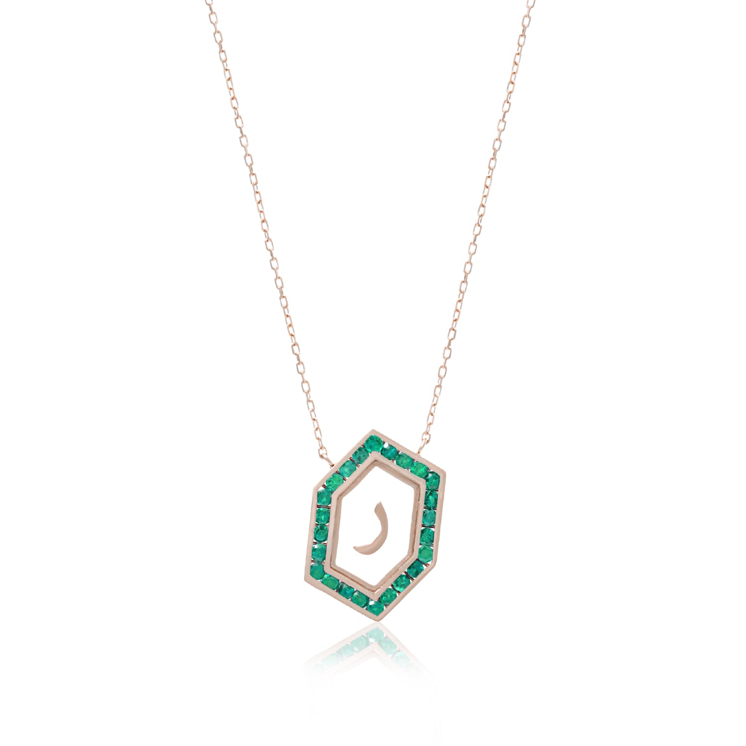 Qamoos 1.0 Letter ر Emerald Necklace in Rose Gold