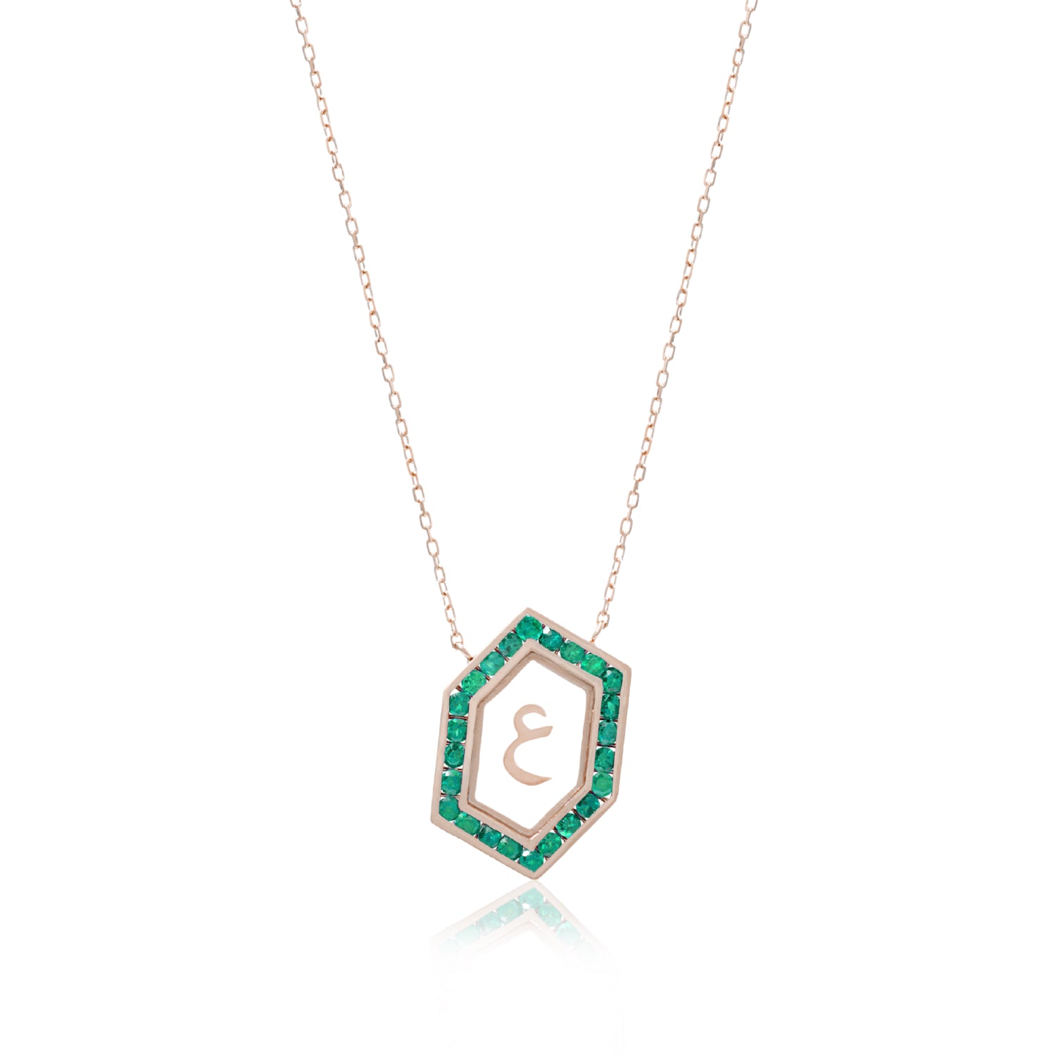 Qamoos 1.0 Letter ع Emerald Necklace in Rose Gold