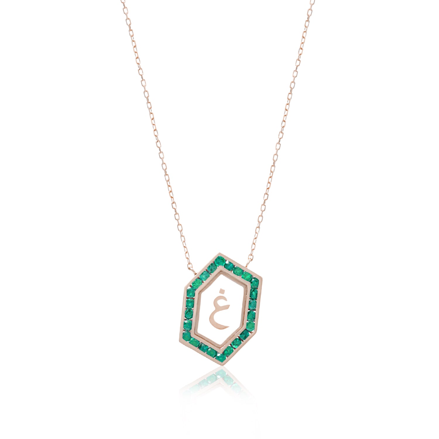 Qamoos 1.0 Letter غ Emerald Necklace in Rose Gold