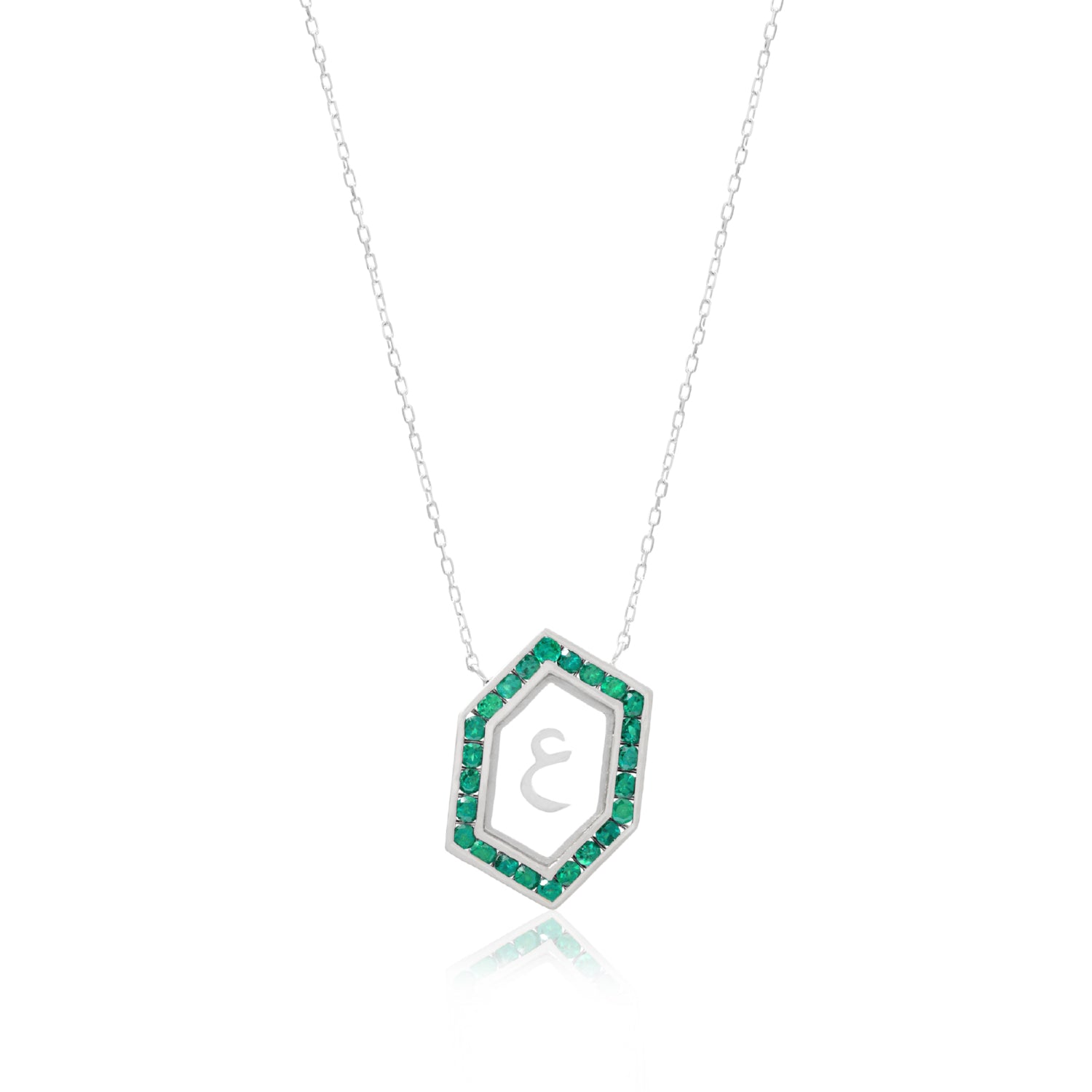 Qamoos 1.0 Letter ع Emerald Necklace in White Gold