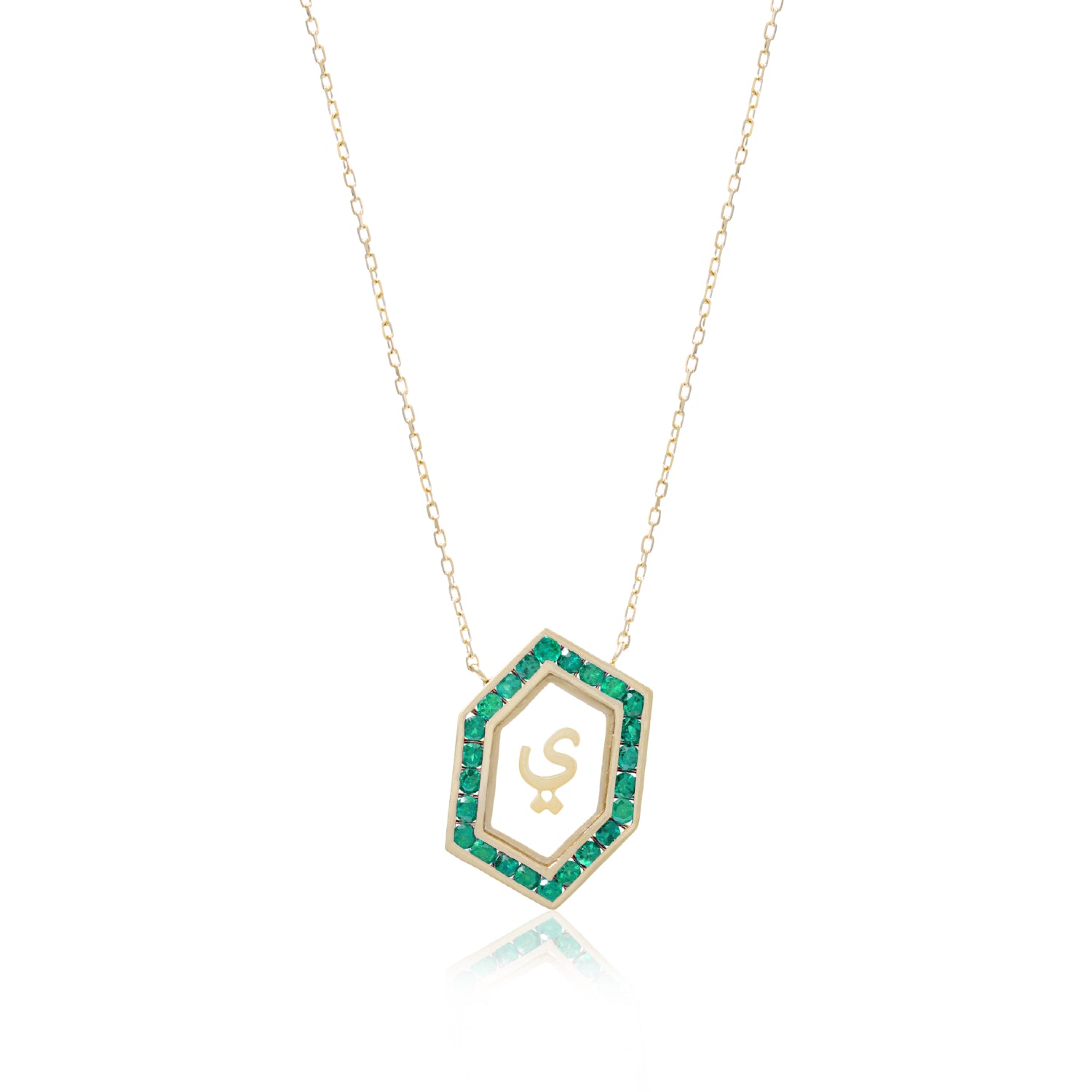 Qamoos 1.0 Letter ي Emerald Necklace in Yellow Gold