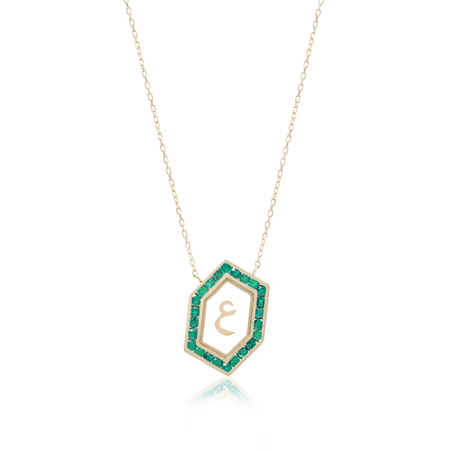 Qamoos 1.0 Letter ع Emerald Necklace in Yellow Gold