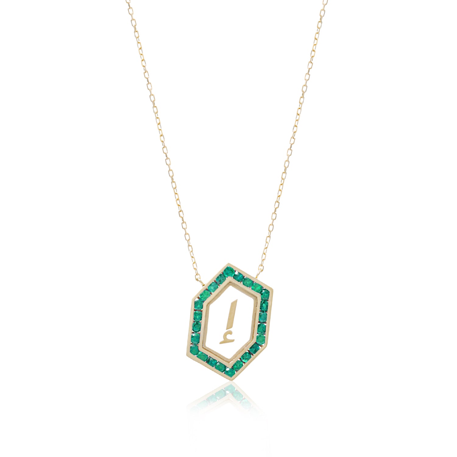 Qamoos 1.0 Letter إ Emerald Necklace in Yellow Gold