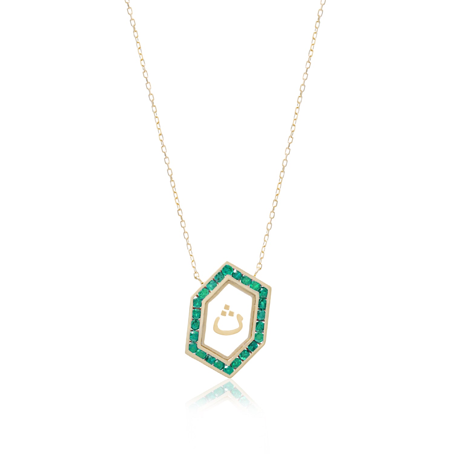 Qamoos 1.0 Letter ث Emerald Necklace in Yellow Gold