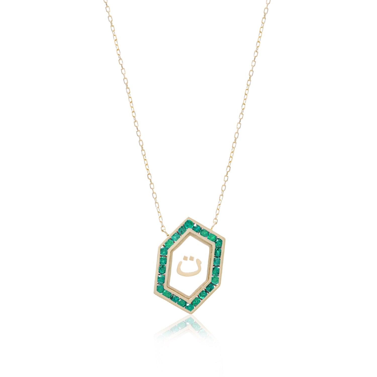 Qamoos 1.0 Letter ت Emerald Necklace in Yellow Gold