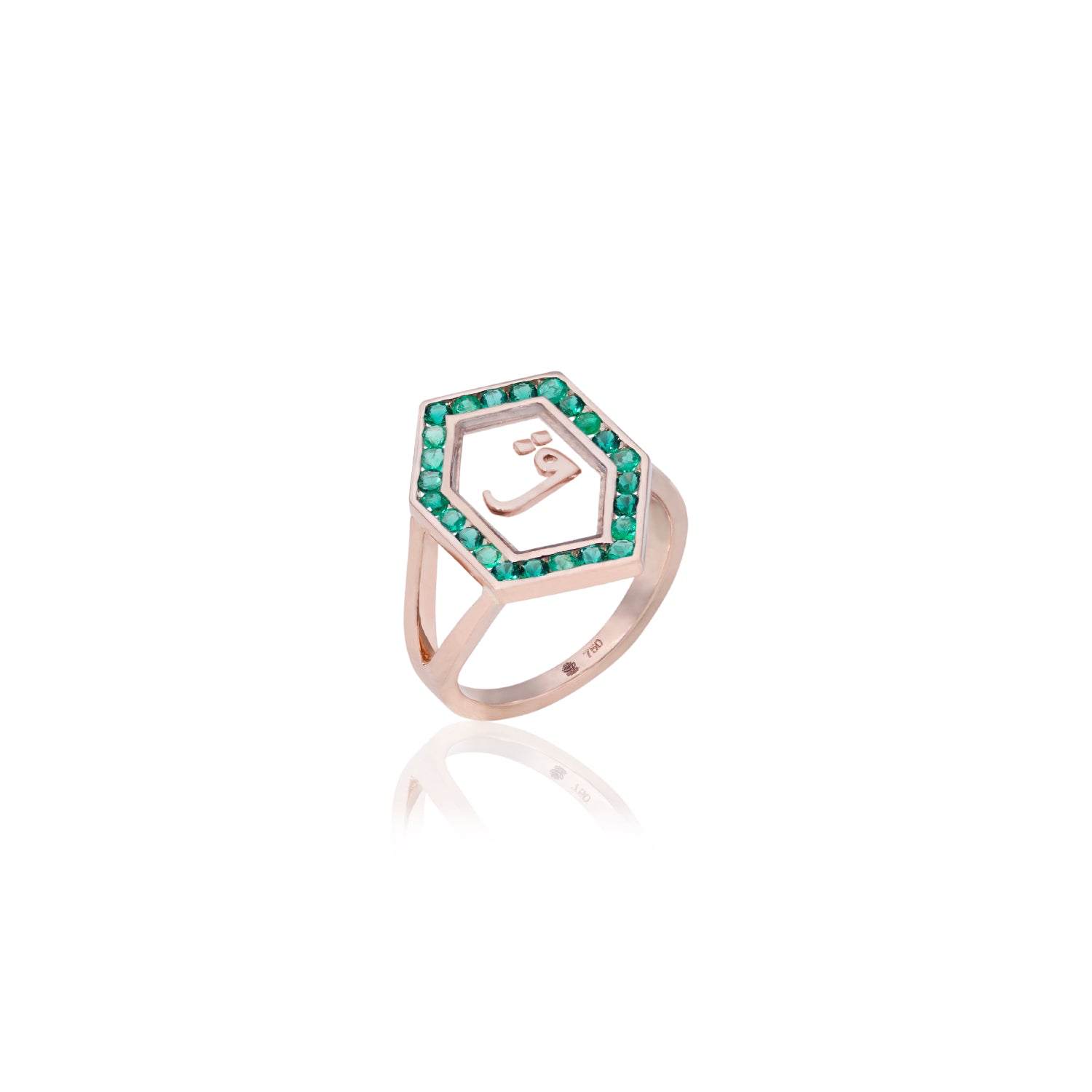 Qamoos 1.0 Letter ق Emerald Ring in Rose Gold