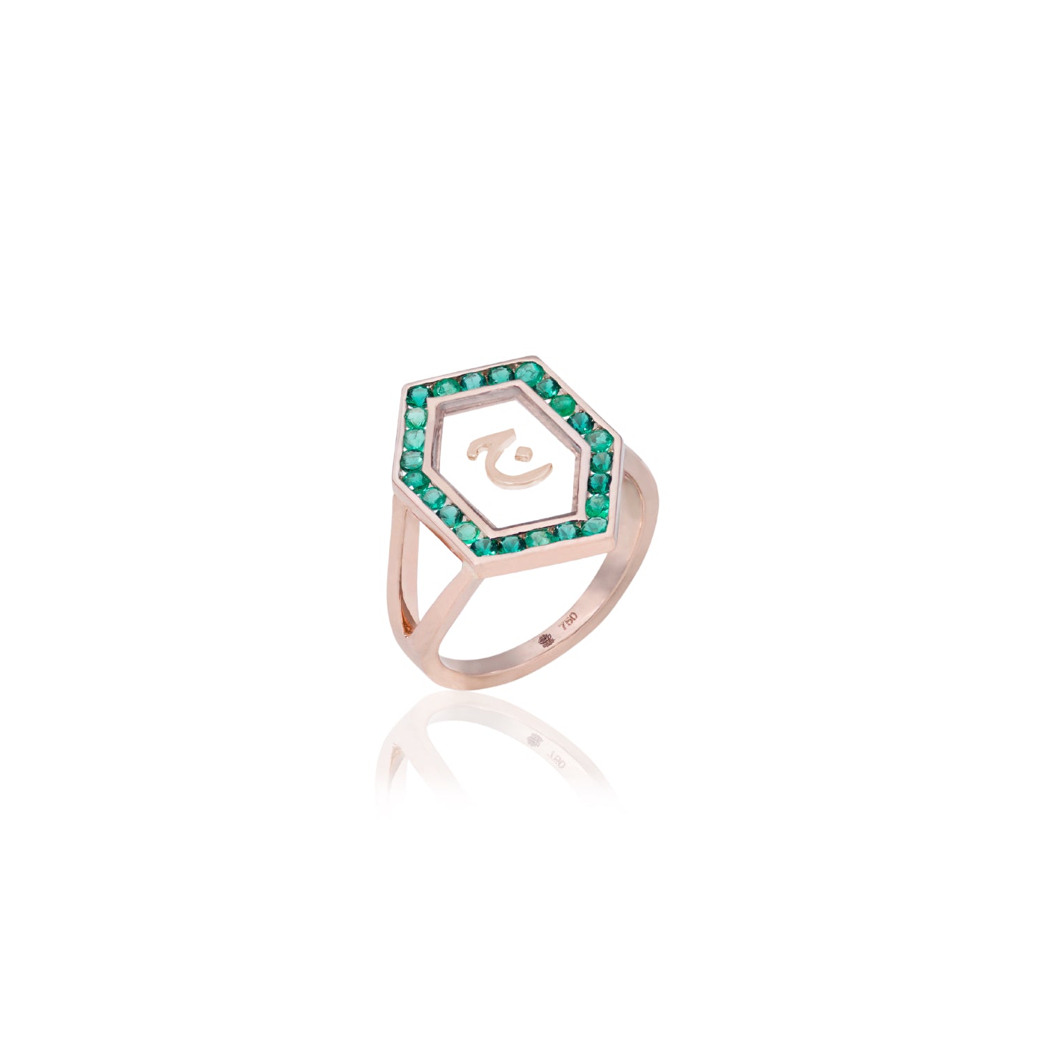 Qamoos 1.0 Letter ج Emerald Ring in Rose Gold