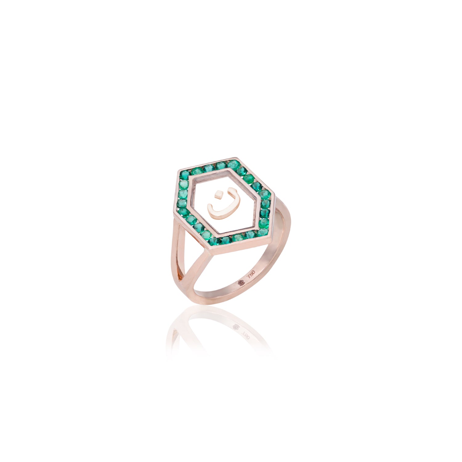 Qamoos 1.0 Letter ن Emerald Ring in Rose Gold