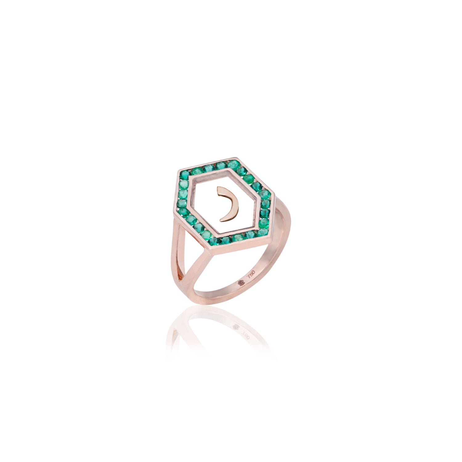 Qamoos 1.0 Letter ر Emerald Ring in Rose Gold