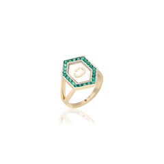 Qamoos 1.0 Letter ت Emerald Ring in Yellow Gold