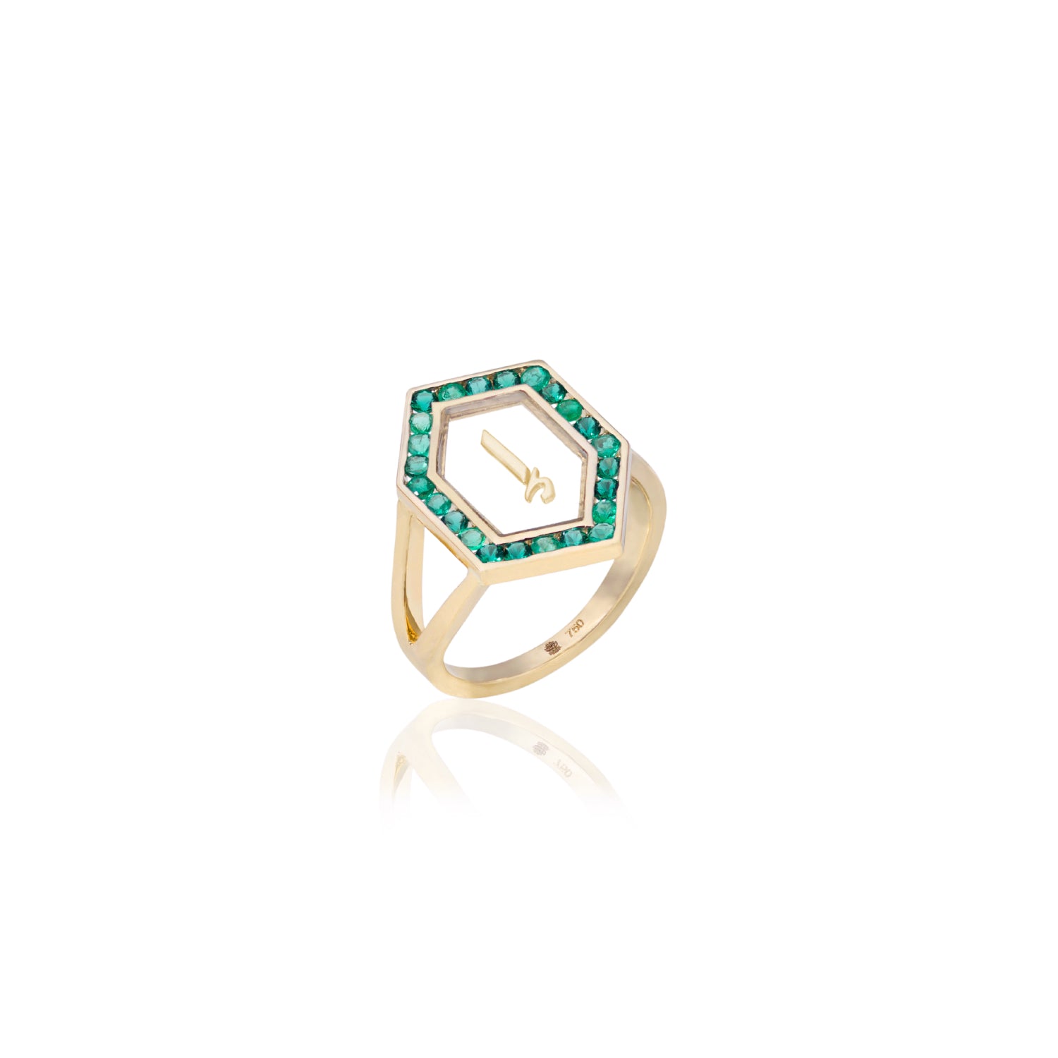 Qamoos 1.0 Letter إ Emerald Ring in Yellow Gold