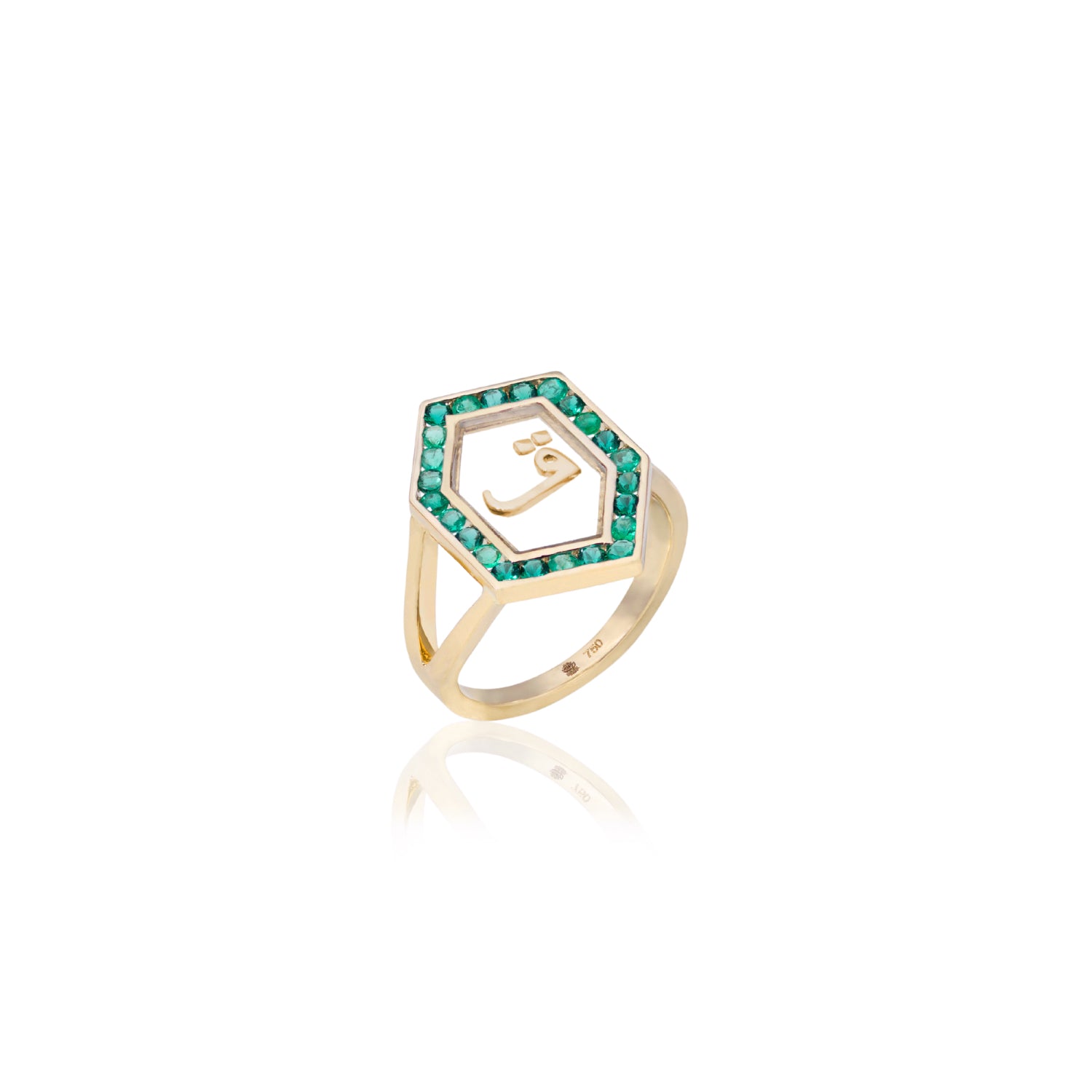 Qamoos 1.0 Letter ق Emerald Ring in Yellow Gold