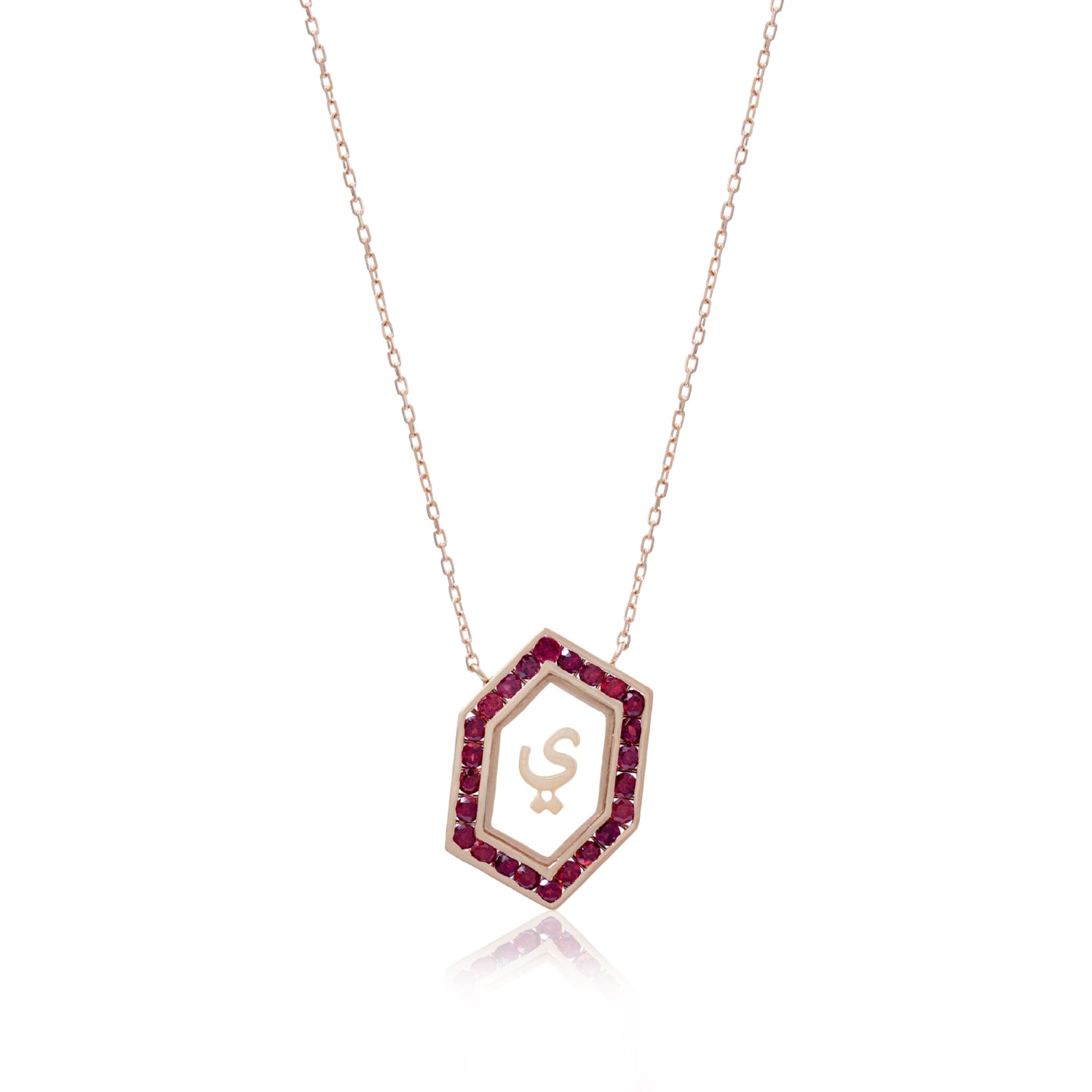 Qamoos 1.0 Letter ي Ruby Necklace in Rose Gold