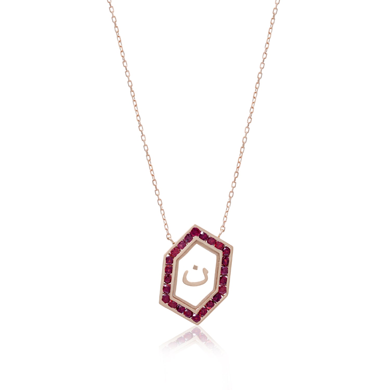 Qamoos 1.0 Letter ن Ruby Necklace in Rose Gold