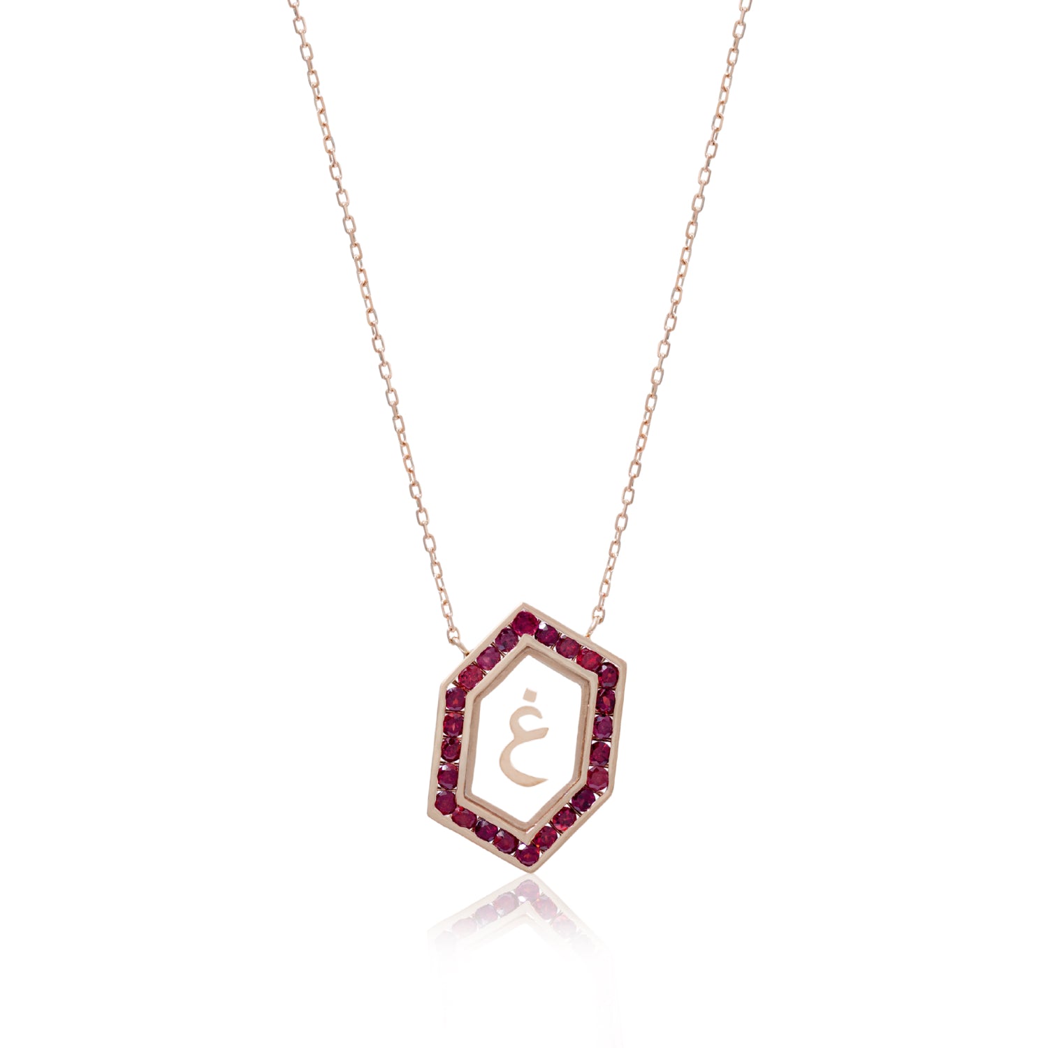 Qamoos 1.0 Letter غ Ruby Necklace in Rose Gold