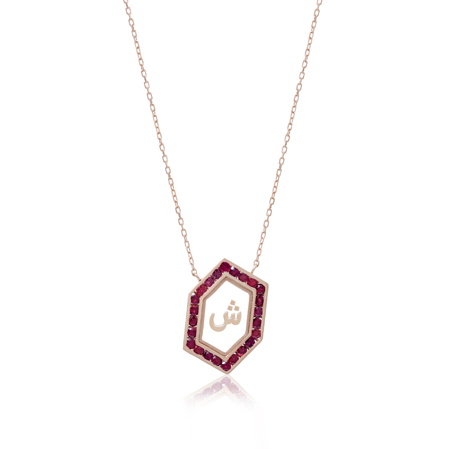 Qamoos 1.0 Letter ش Ruby Necklace in Rose Gold