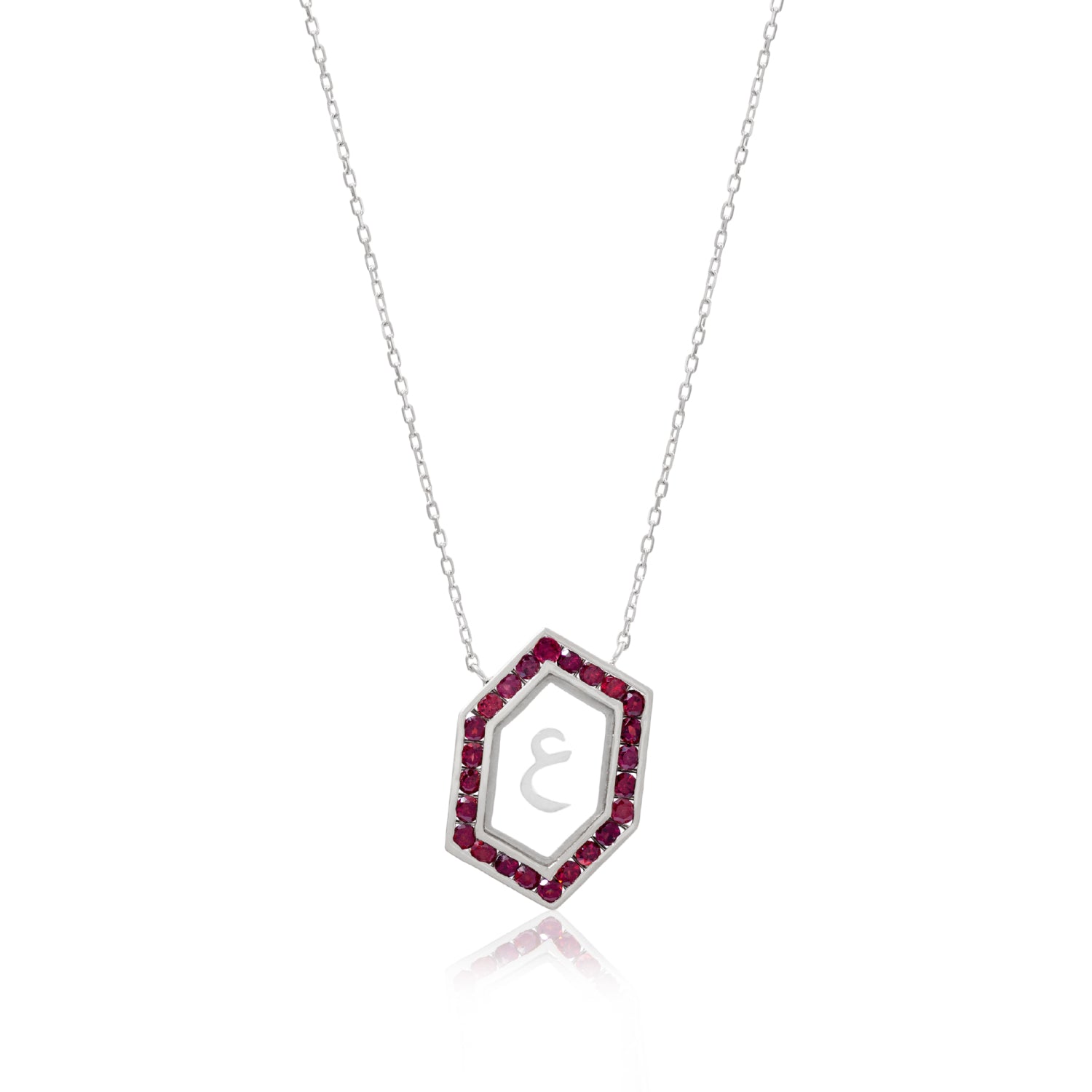 Qamoos 1.0 Letter ع Ruby Necklace in White Gold