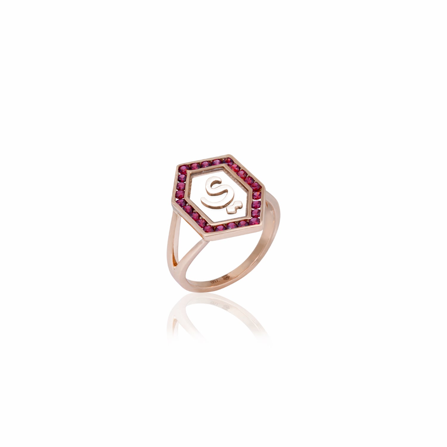 Qamoos 1.0 Letter ي Ruby Ring in Rose Gold