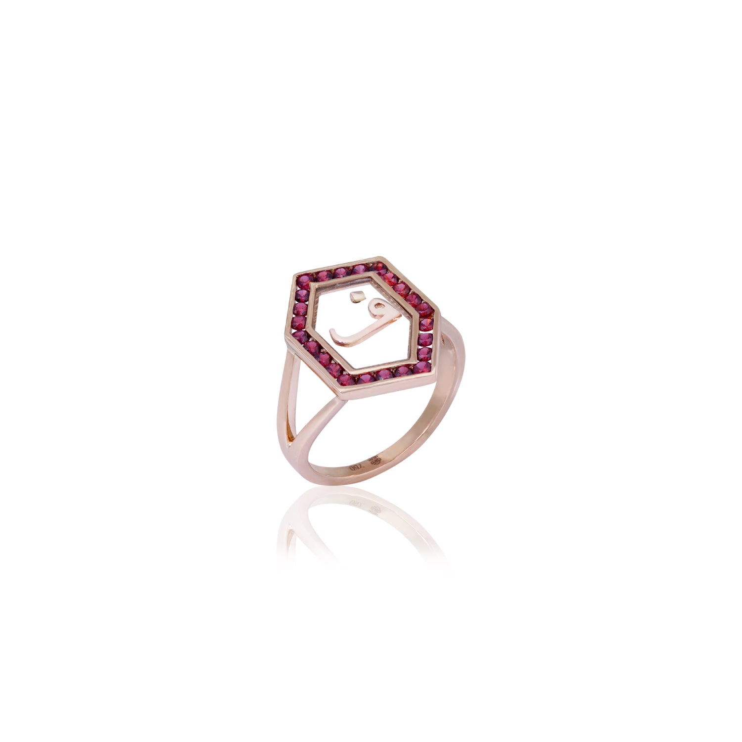 Qamoos 1.0 Letter ف Ruby Ring in Rose Gold