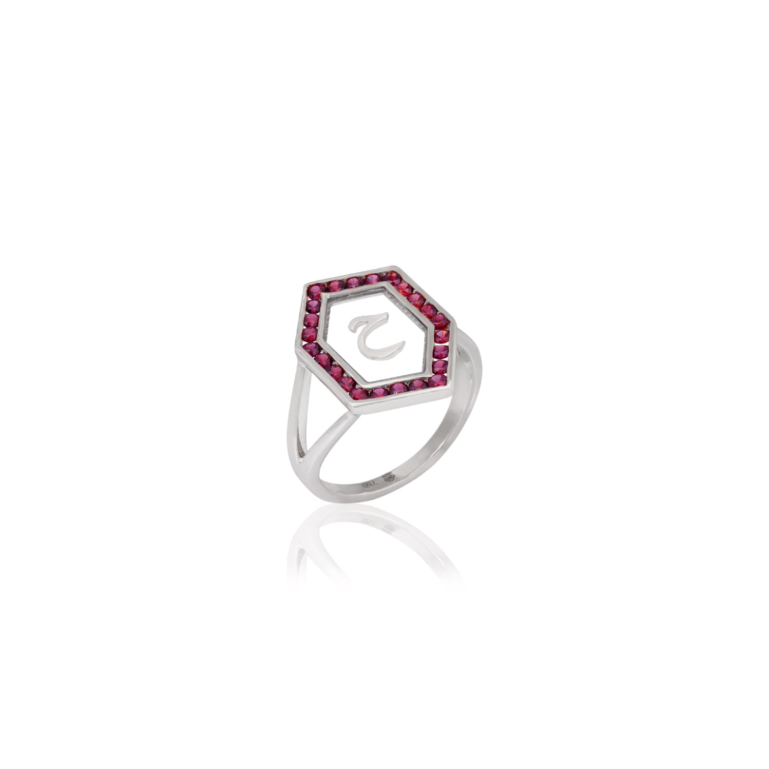 Qamoos 1.0 Letter ح Ruby Ring in White Gold