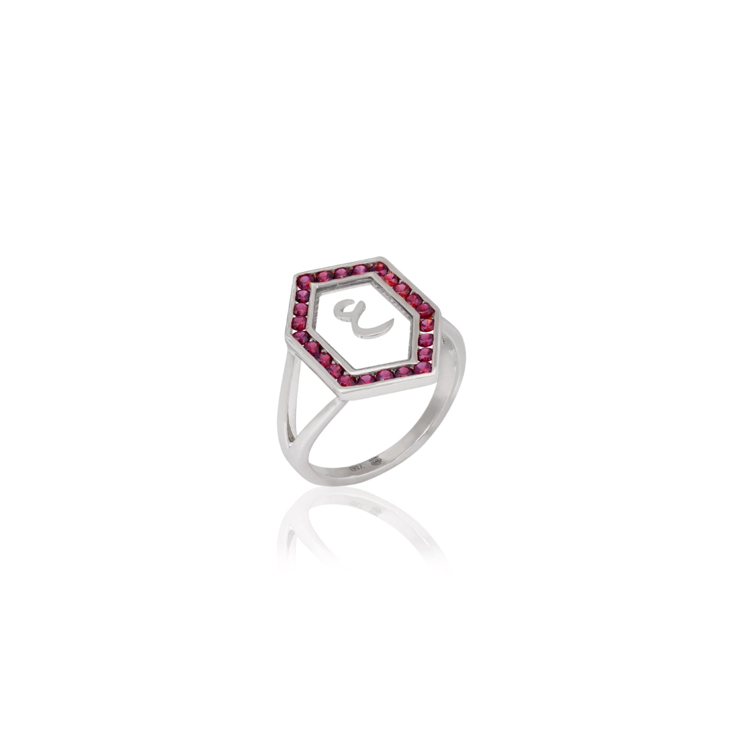 Qamoos 1.0 Letter ع Ruby Ring in White Gold