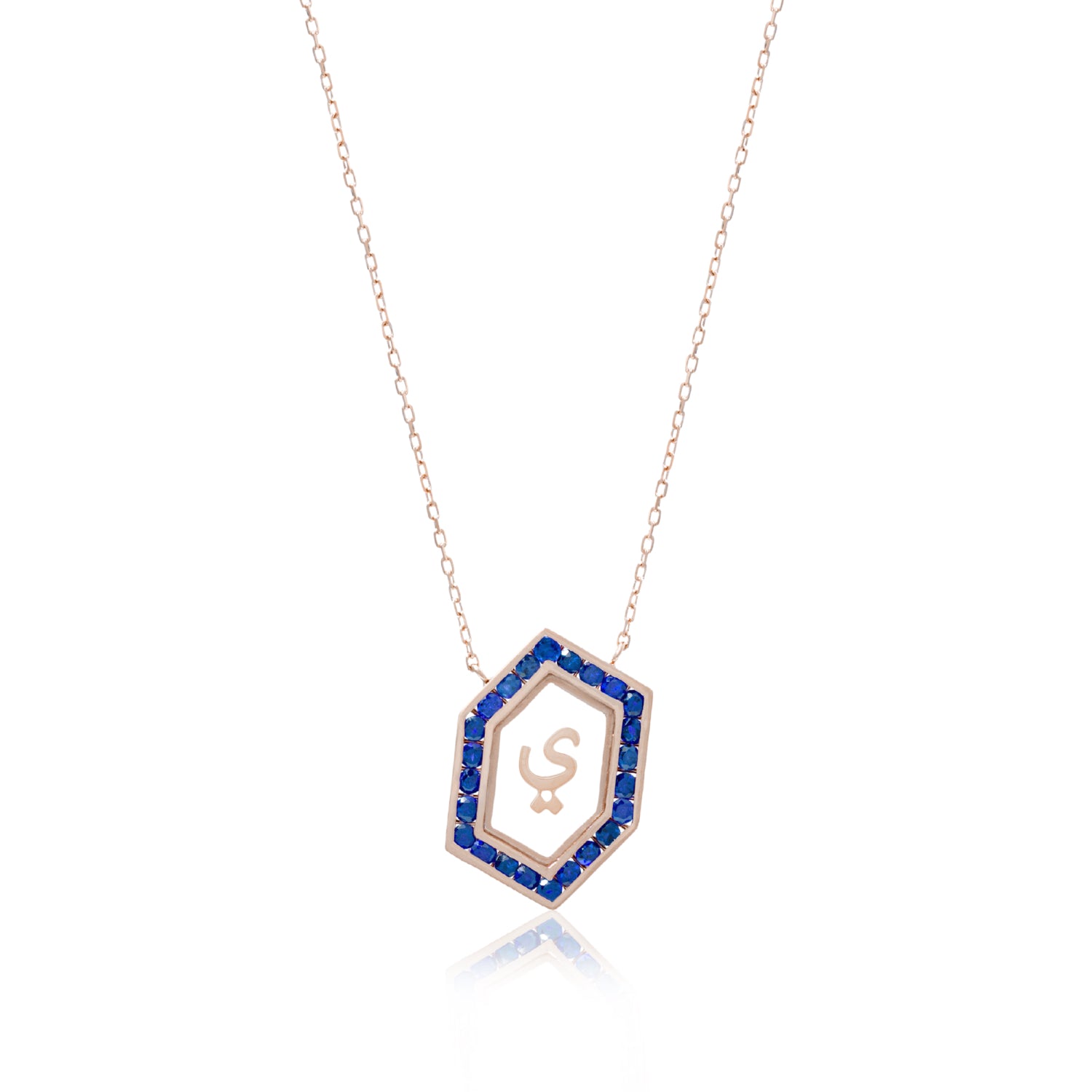 Qamoos 1.0 Letter ي Sapphire Necklace in Rose Gold