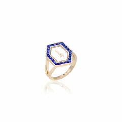 Qamoos 1.0 Letter إ Sapphire Ring in Yellow Gold