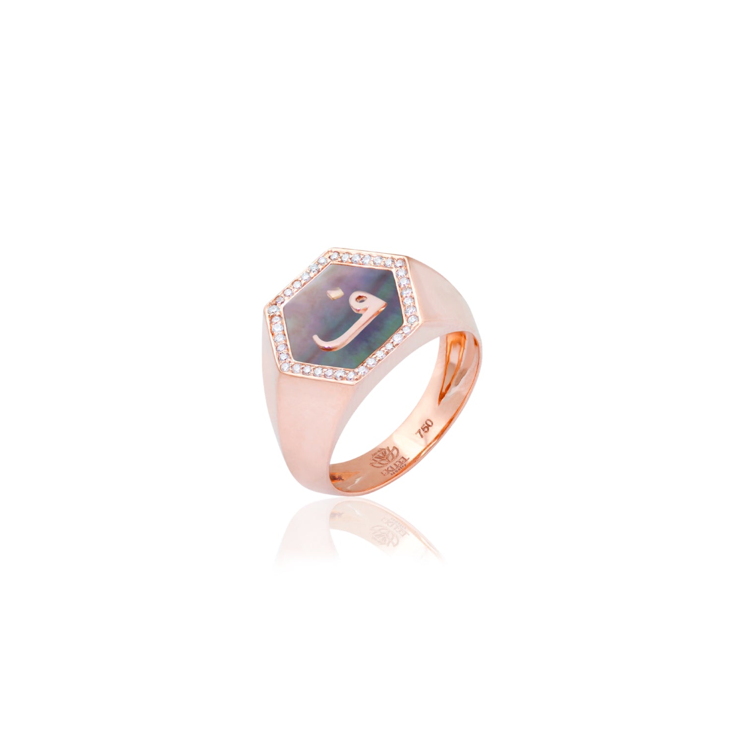 Qamoos 2.0 Letter ف Black Mother of Pearl and Diamond Signet Ring in Rose Gold