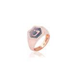Qamoos 2.0 Letter ف Black Mother of Pearl and Diamond Signet Ring in Rose Gold