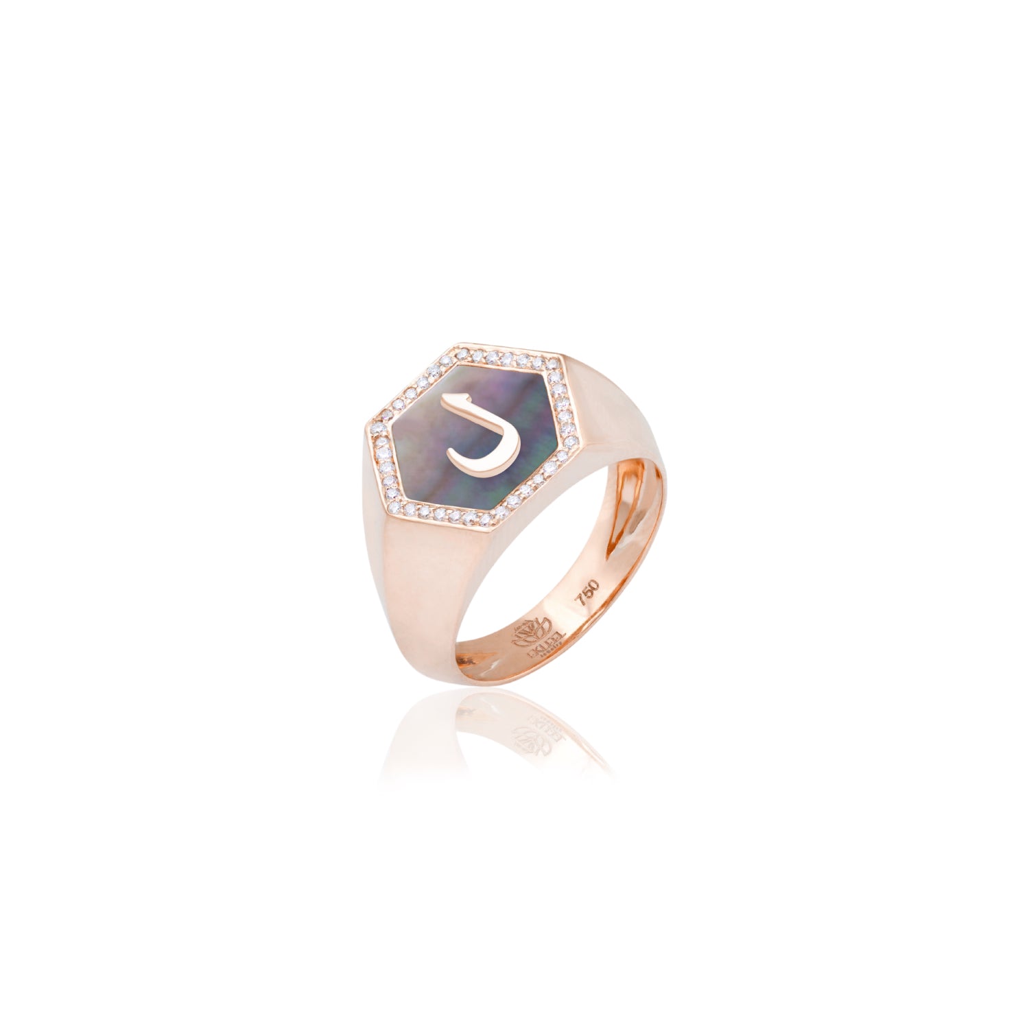Qamoos 2.0 Letter ل Black Mother of Pearl and Diamond Signet Ring in Rose Gold