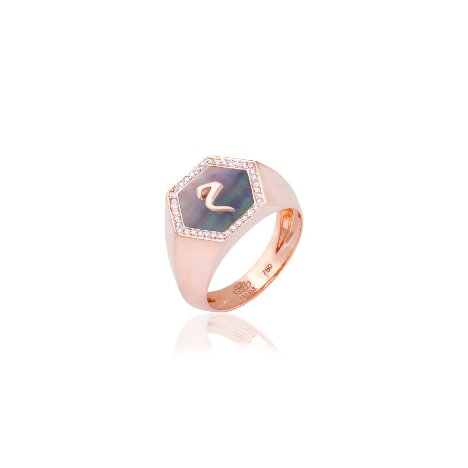Qamoos 2.0 Letter م Black Mother of Pearl and Diamond Signet Ring in Rose Gold