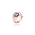 Qamoos 2.0 Letter هـ Black Mother of Pearl and Diamond Signet Ring in Rose Gold