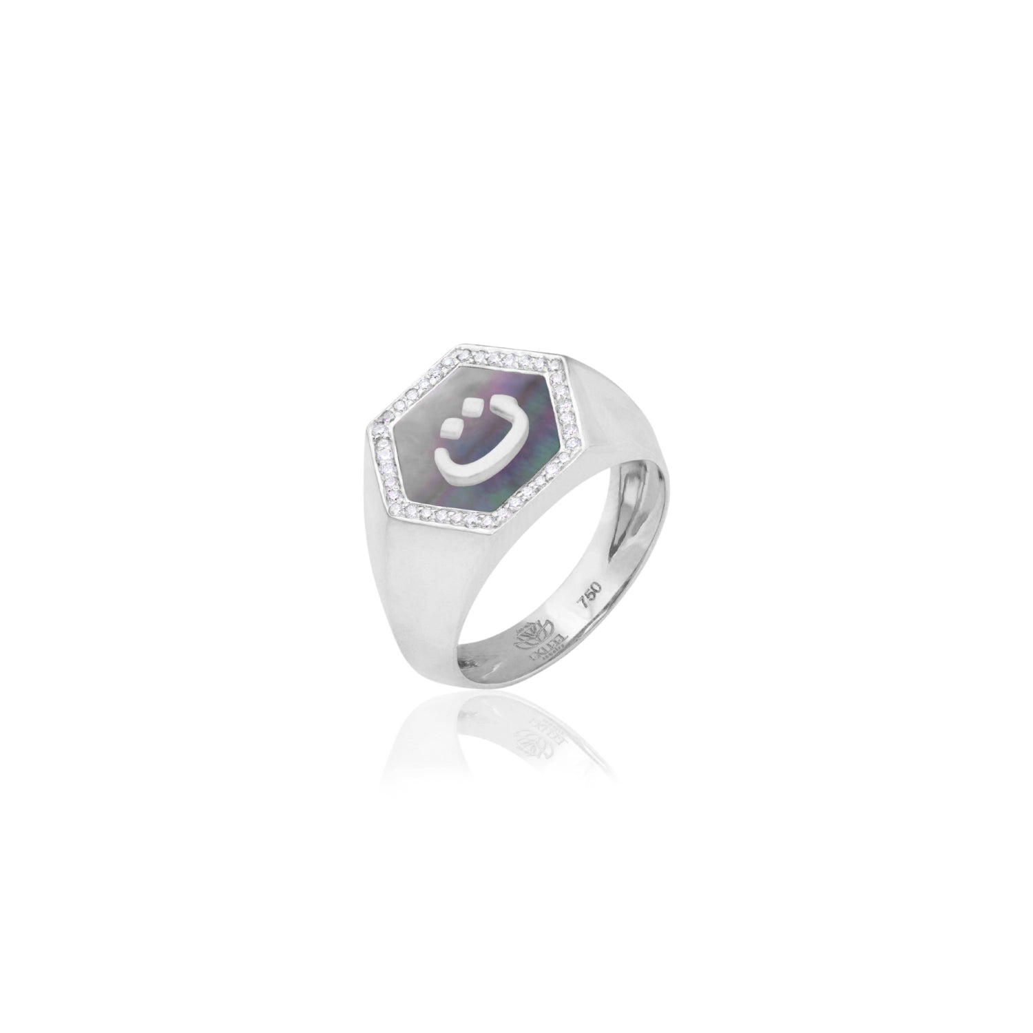 Qamoos 2.0 Letter ت Black Mother of Pearl and Diamond Signet Ring in White Gold
